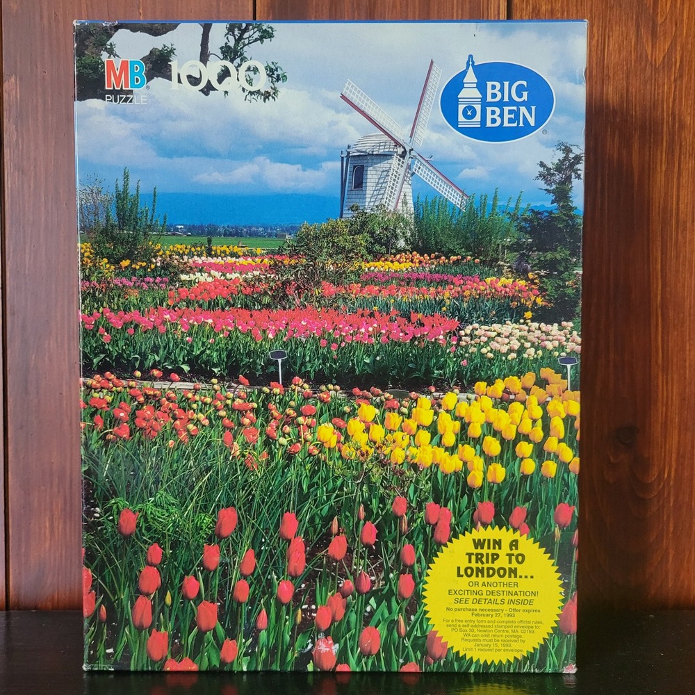 Vintage 1990s MB Big Ben 1000 Piece Puzzle Dutch Windmill Tulips Factory Sealed